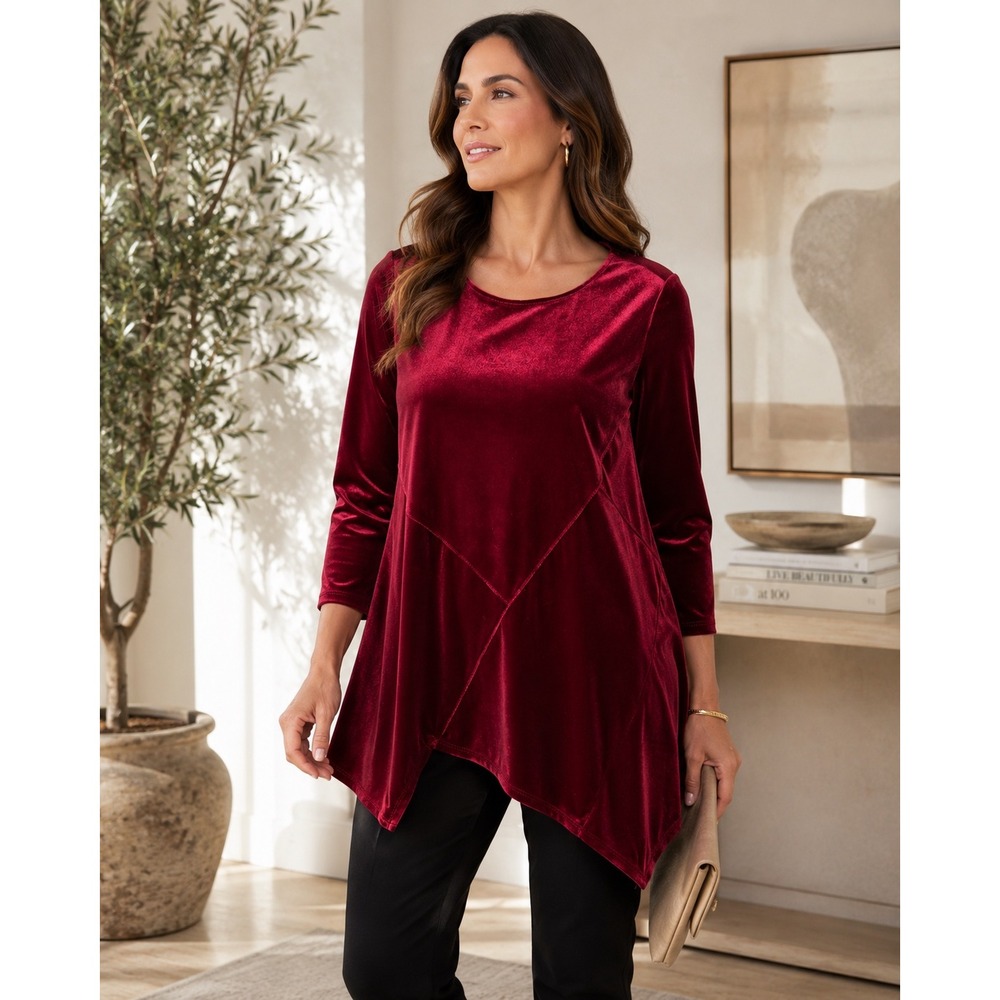 Lisa Bayne XS Burgundy Velvet Tunic Top Asymmetrical Hem Long Sleeve Holiday